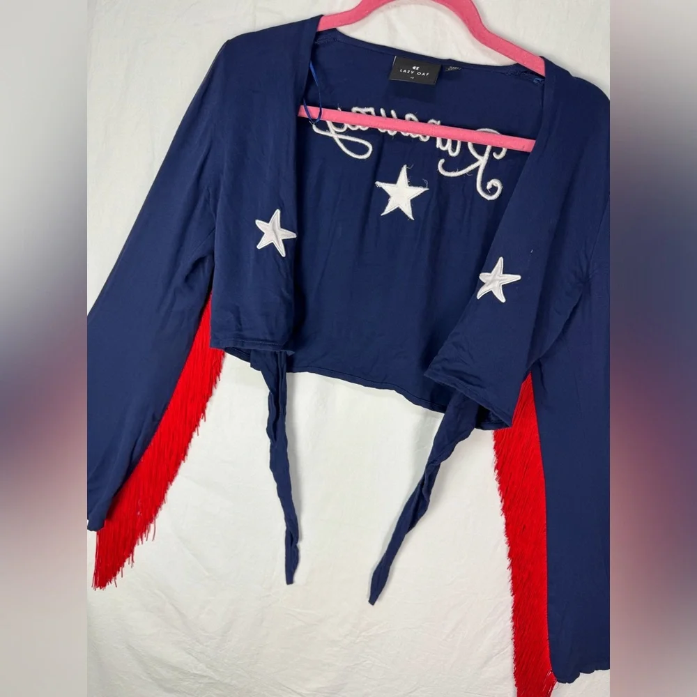 Lazy Oaf Navy and Red Fringe Crop Top - Picture 6 of 7